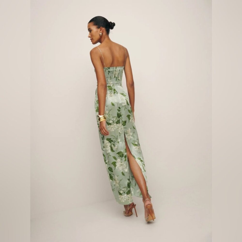 NEW Reformation Frankie Long Silk Dress in Tea Garden Green Floral | size 2 - Picture 2 of 12